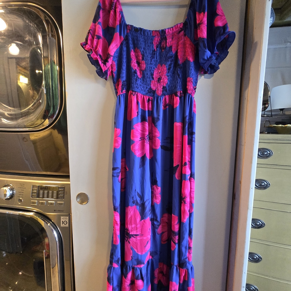 Floral Maxi Dress with Pink and Blue Design